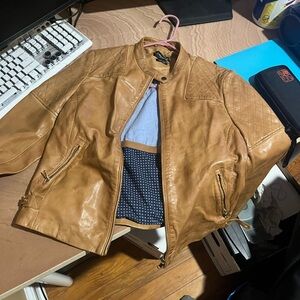 Womans Quilted Leather Motorcycle Jacket in Camel Tan